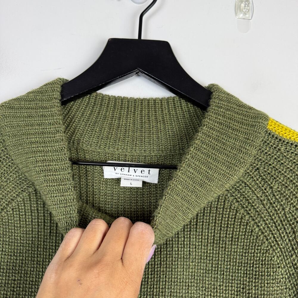 Velvet by Graham & Spencer Teagan Mock Neck Sweater Wool Green Yellow Stripe - L - Picture 4 of 9